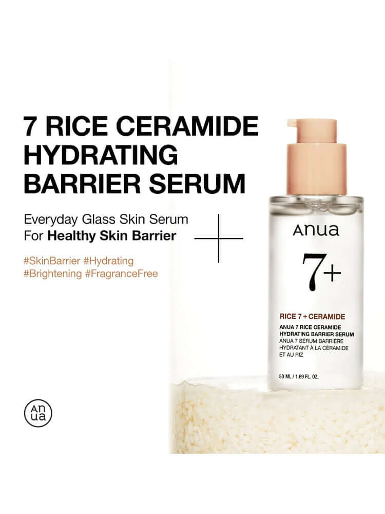 ANUA 7 Rice Ceramide Hydrating Barrier Serum 50ml for healthy skin barrier and hydration on a smooth background.