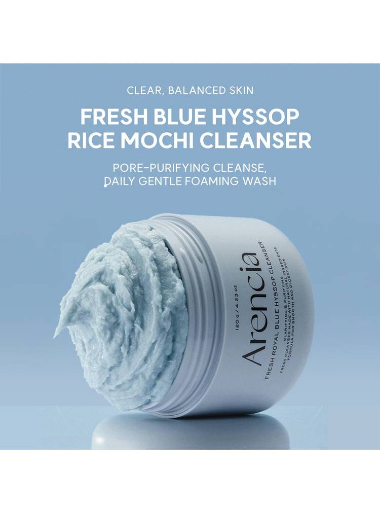 ARENCIA Blue Hyssop Cleanser in a foamy wash for clear, balanced skin, promoting pore-purifying cleanse and gentle daily use.