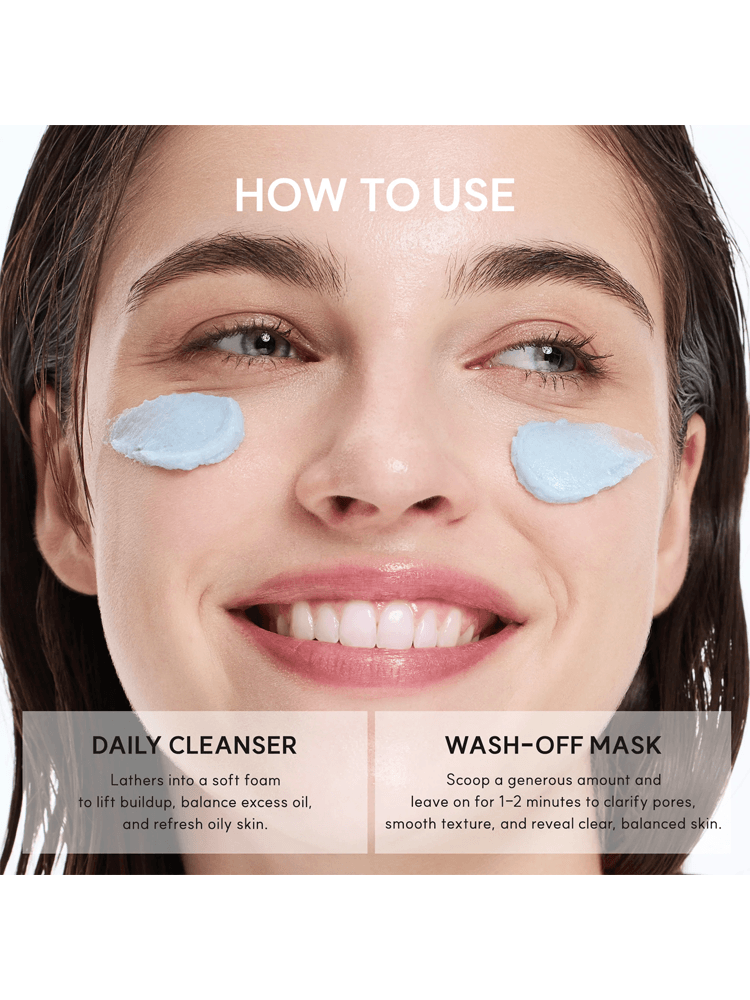 Model demonstrating ARENCIA Blue Hyssop Cleanser usage as a daily cleanser and wash-off mask.