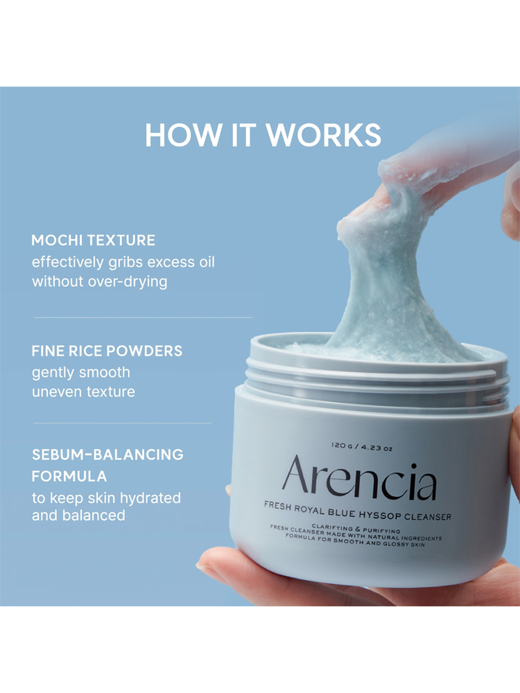 ARENCIA Blue Hyssop Cleanser showcasing its mochi texture and sebum-balancing formula for smooth skin.