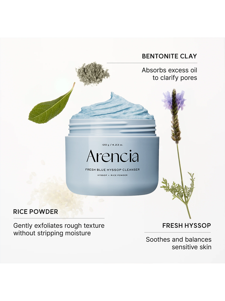 ARENCIA Blue Hyssop Cleanser with bentonite clay, rice powder, and fresh hyssop ingredients on display.