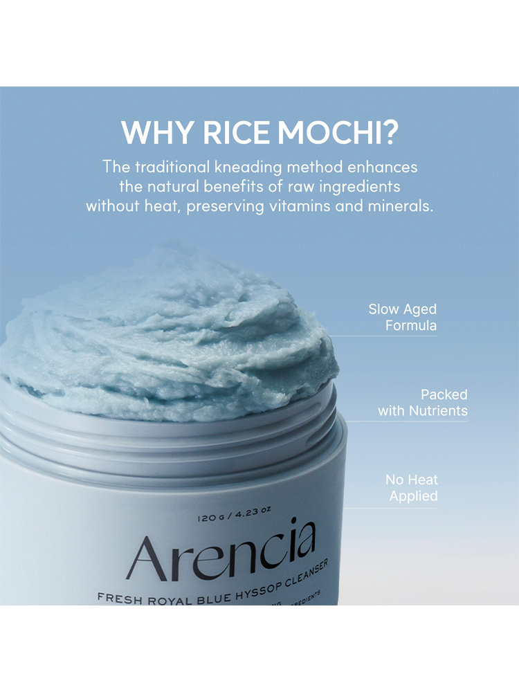 ARENCIA Blue Hyssop Cleanser features a mochi-like texture that preserves nutrients and enhances skin benefits.