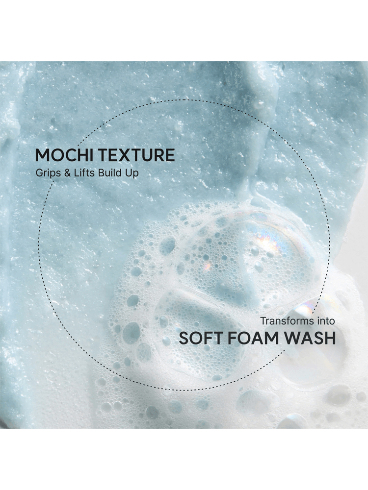 ARENCIA Blue Hyssop Cleanser showing mochi texture transforming into soft foam wash.