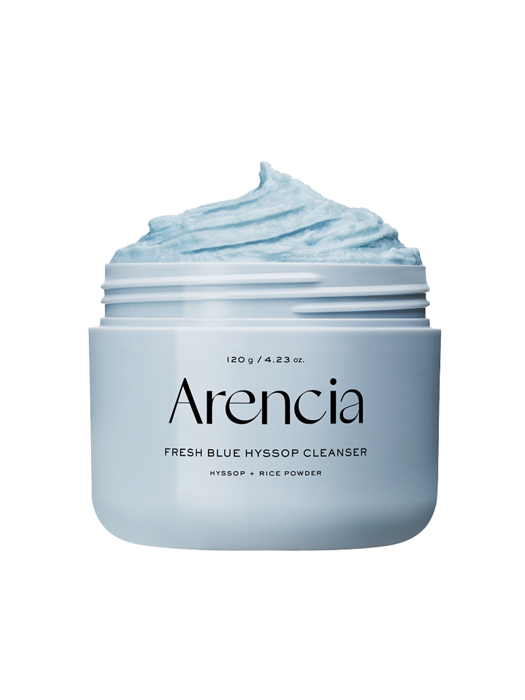 ARENCIA Blue Hyssop Cleanser 120g in a jar with a soft blue texture for oily skin care.