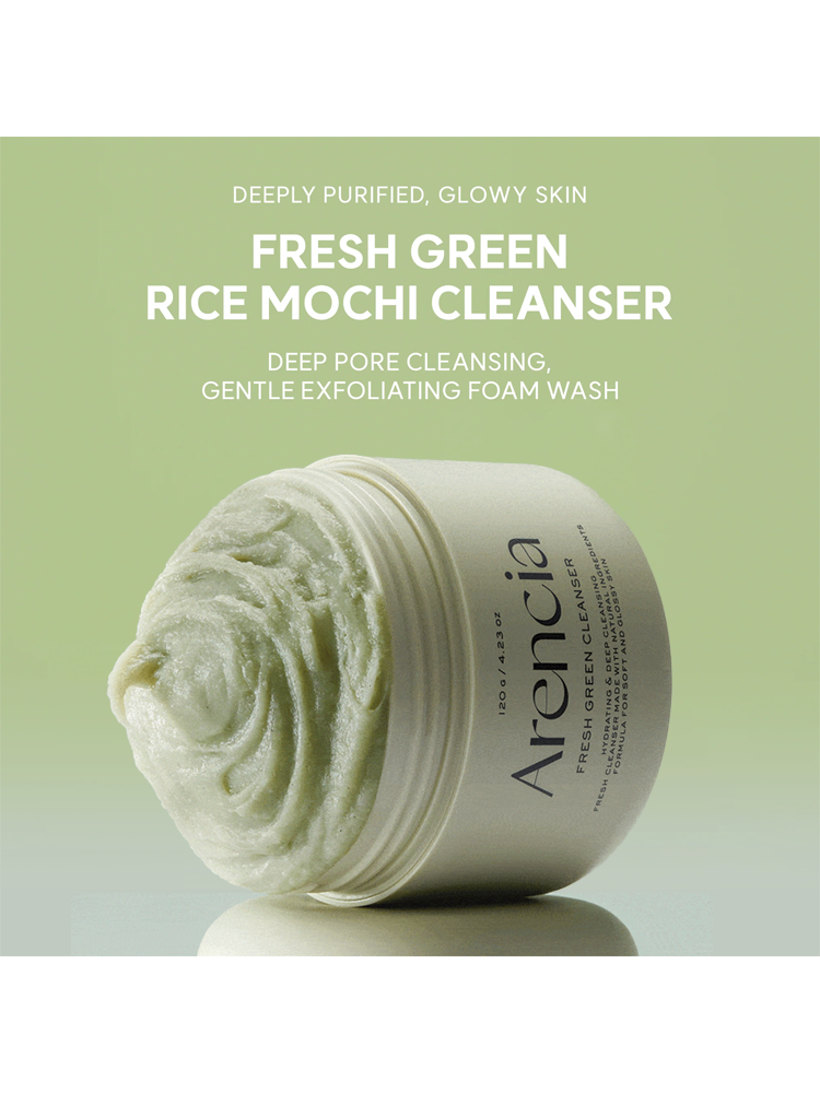 ARENCIA Fresh Green Cleanser in a jar with foam for deep cleansing and glowing skin.