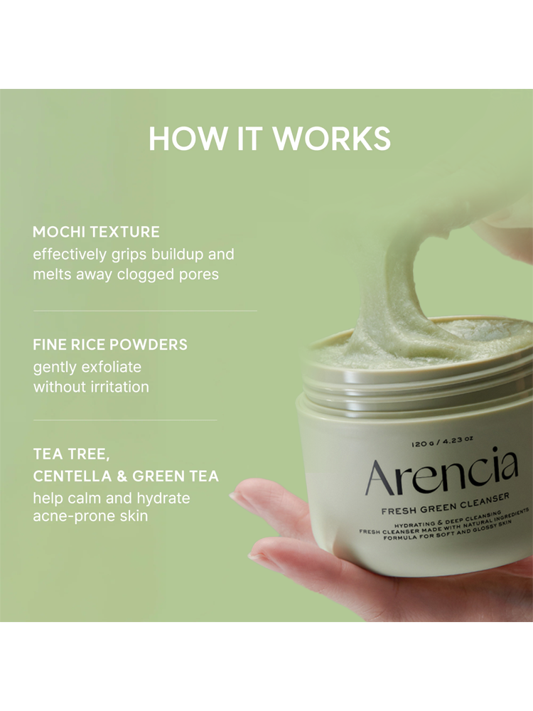 ARENCIA Fresh Green Cleanser demonstrating mochi texture and fine rice powders for effective cleansing.
