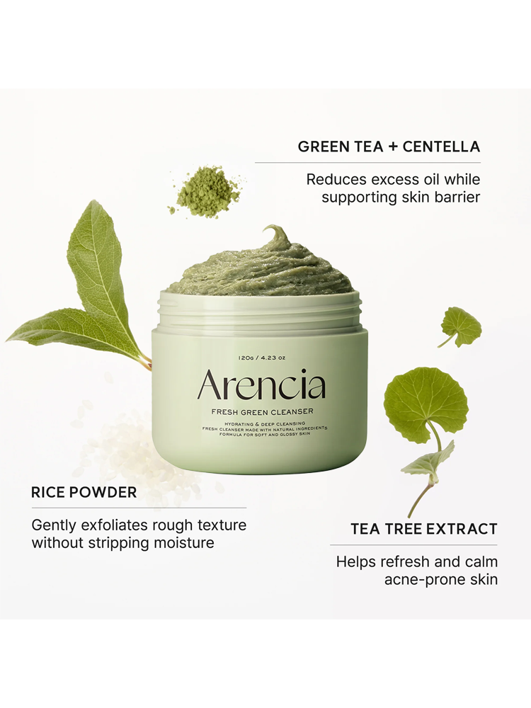 ARENCIA Fresh Green Cleanser with green tea, rice powder, and tea tree extract ingredients for acne-prone skin.