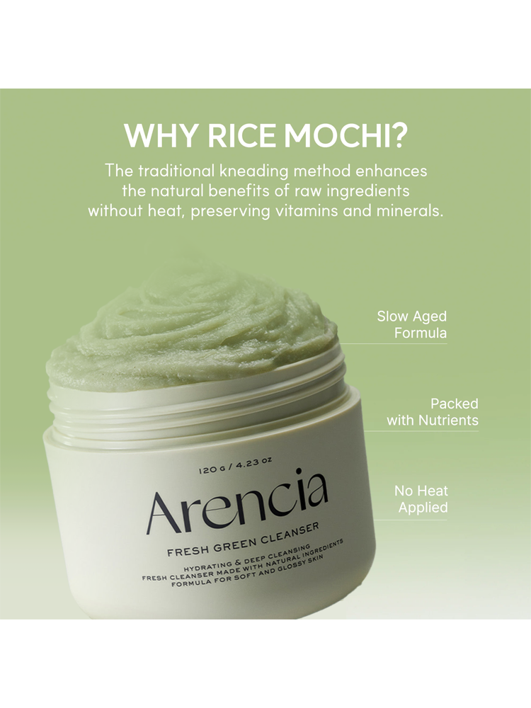 ARENCIA Fresh Green Cleanser in a jar highlighting its slow aged formula and nutrient-packed benefits.