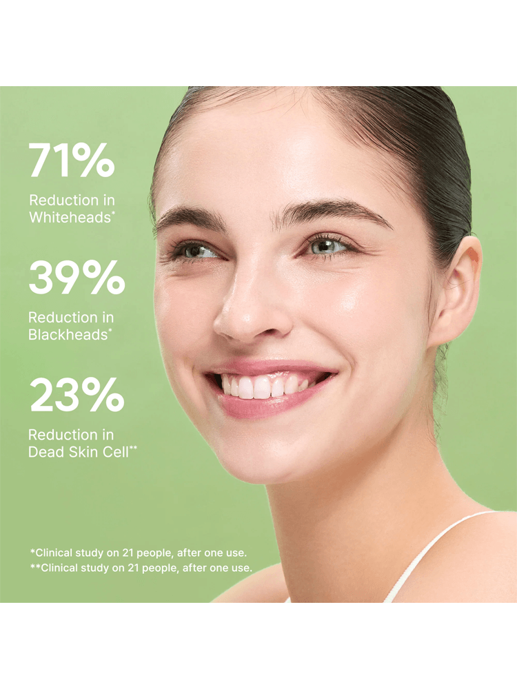 ARENCIA Fresh Green Cleanser clinical results showcasing reduction in whiteheads, blackheads, and dead skin cells.