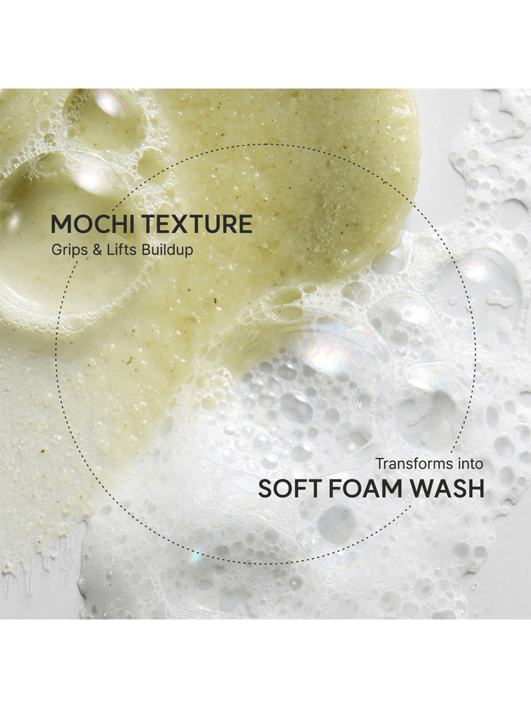 ARENCIA Fresh Green Cleanser showing mochi texture that transforms into soft foam wash.