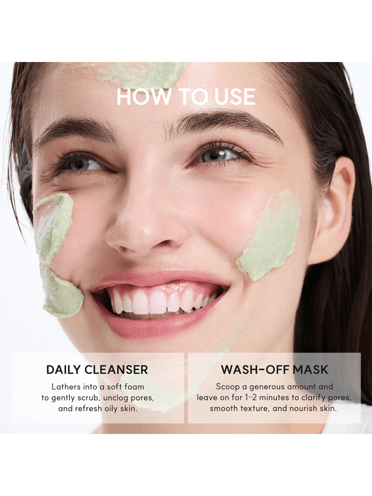 ARENCIA Fresh Green Cleanser application instructions showing a smiling woman using the product on her face.