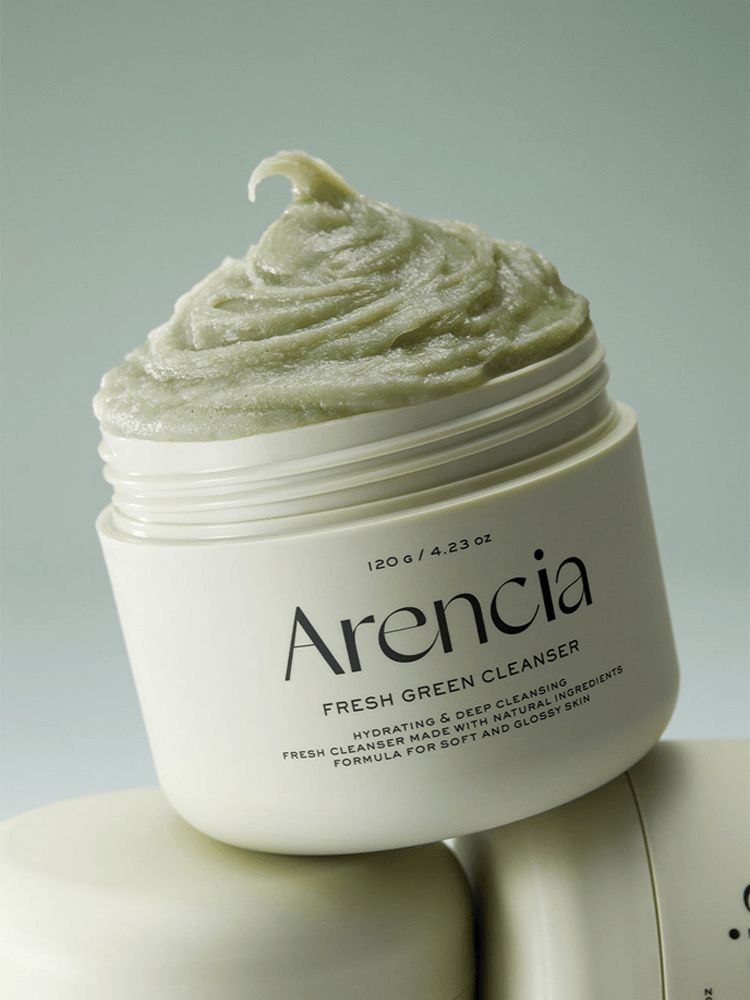 ARENCIA Fresh Green Cleanser 120g in a jar with a creamy texture, designed for oily and acne-prone skin.