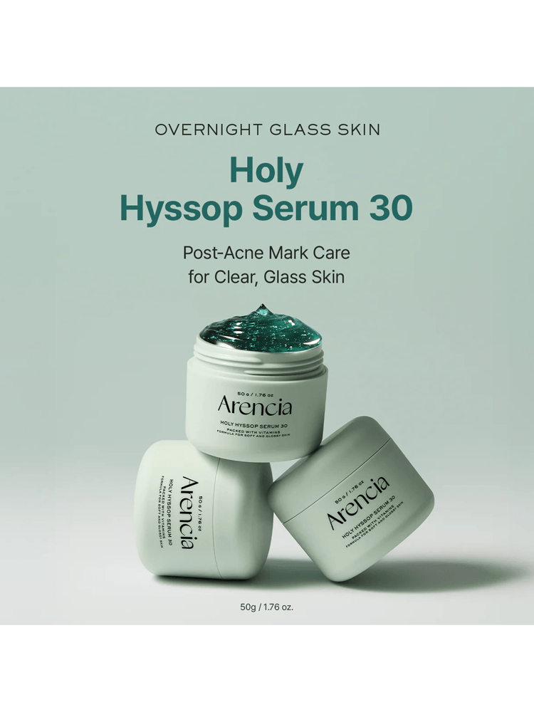 ARENCIA Holy Hyssop Serum 30 for clear skin, addressing post-acne marks in a stylish container.
