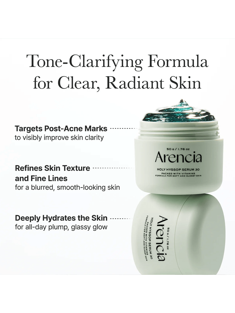 ARENCIA Holy Hyssop Serum 30 jar with text about tone-clarifying formula for clear, radiant skin.