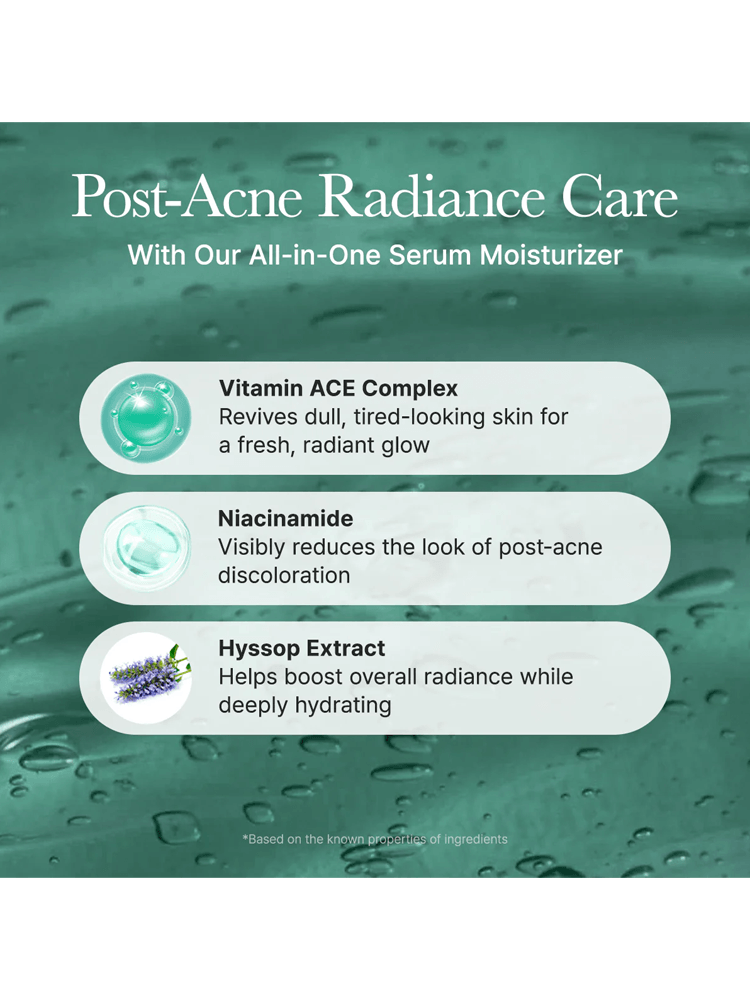 ARENCIA Holy Hyssop Serum 30 infographic highlighting Post-Acne Radiance Care benefits with Vitamin ACE, Niacinamide, and Hyssop Extract.