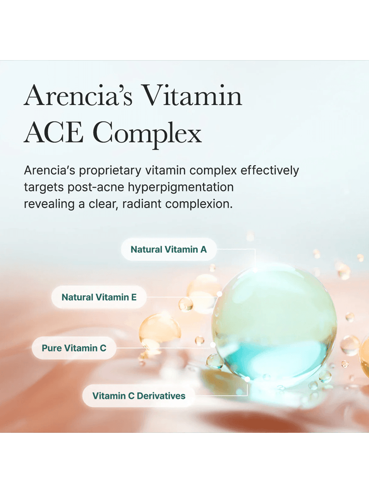 ARENCIA Holy Hyssop Serum 30 vitamin ACE complex targeting post-acne hyperpigmentation for clear complexion.