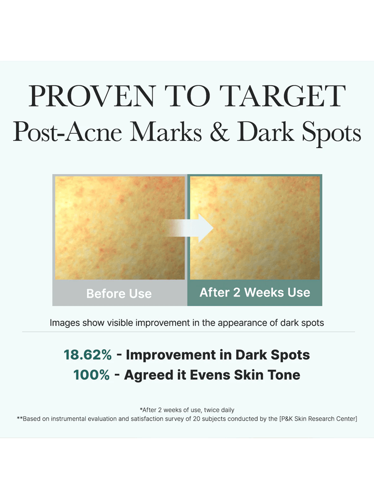 ARENCIA Holy Hyssop Serum 30 before and after use image showing improvement in dark spots and skin tone clarity.