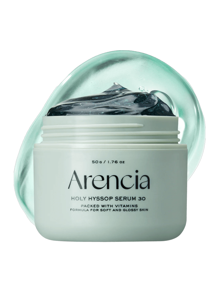ARENCIA Holy Hyssop Serum 30 in a jar, designed for soft and glossy skin, enriched with vitamins for complexion clarity.