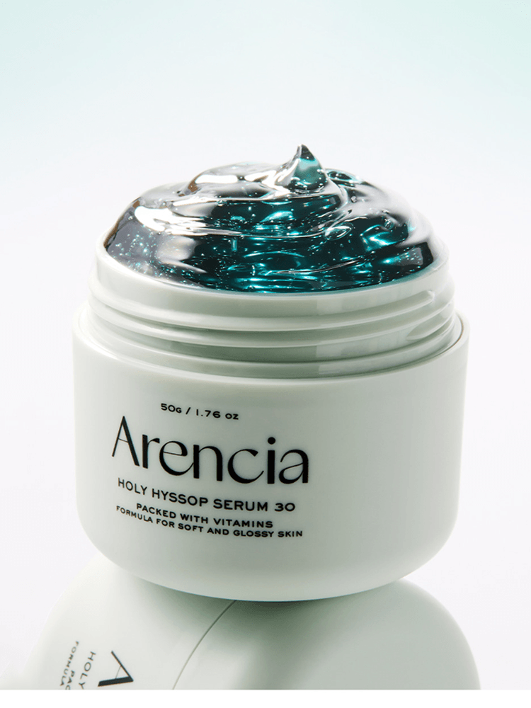 ARENCIA Holy Hyssop Serum 30 in a jar, packed with vitamins for soft and glossy skin, designed for uneven tone and blemishes.