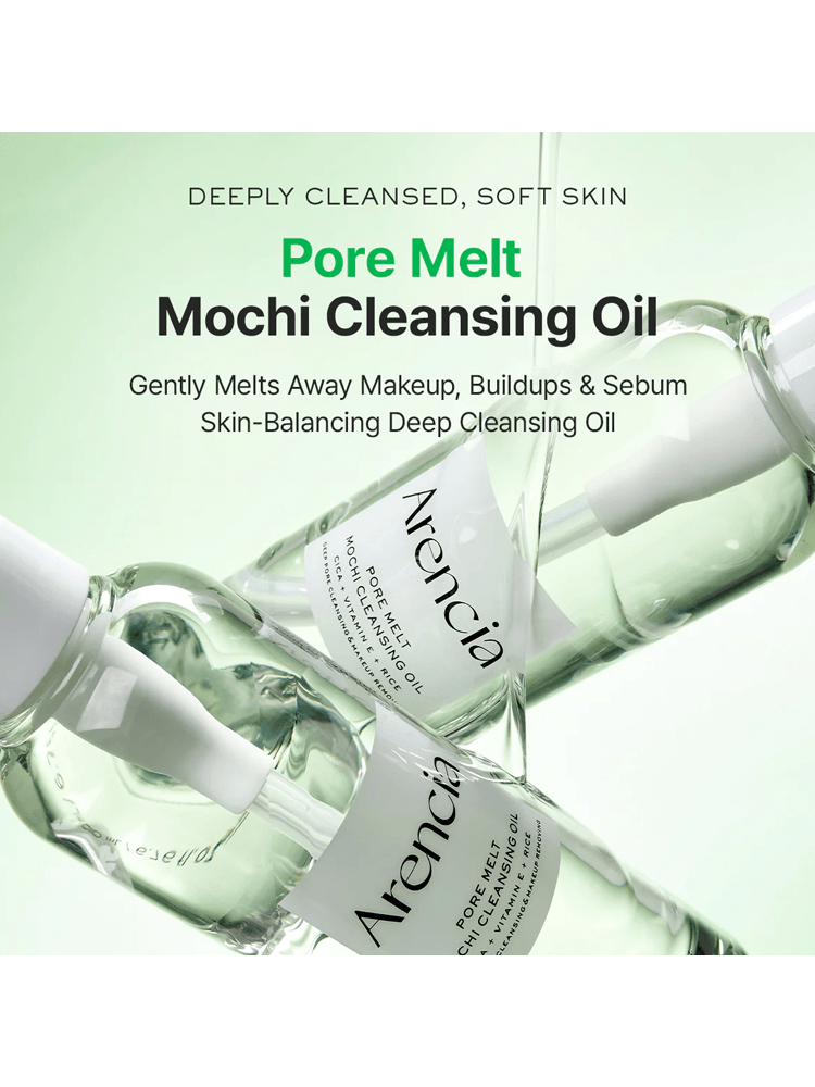 ARENCIA Pore Melt Mochi Cleansing Oil bottles with a soft green background, promoting deep cleansing and skin balance.