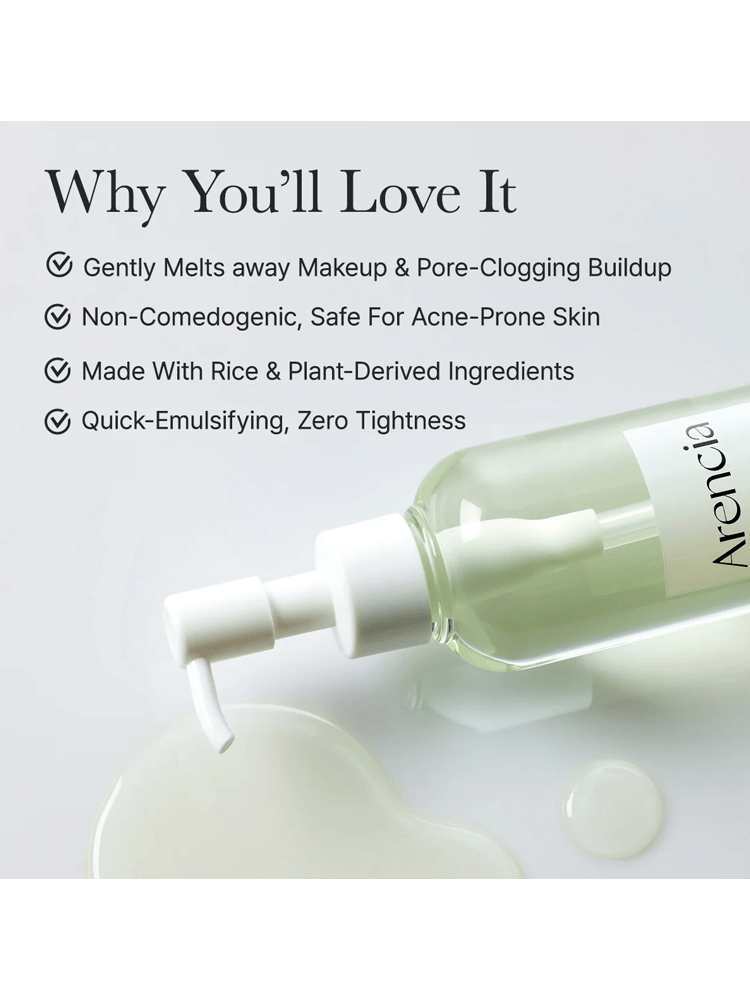 ARENCIA Pore Melt Mochi Cleansing Oil with benefits like non-comedogenic, acne-prone friendly, and gentle makeup removal.