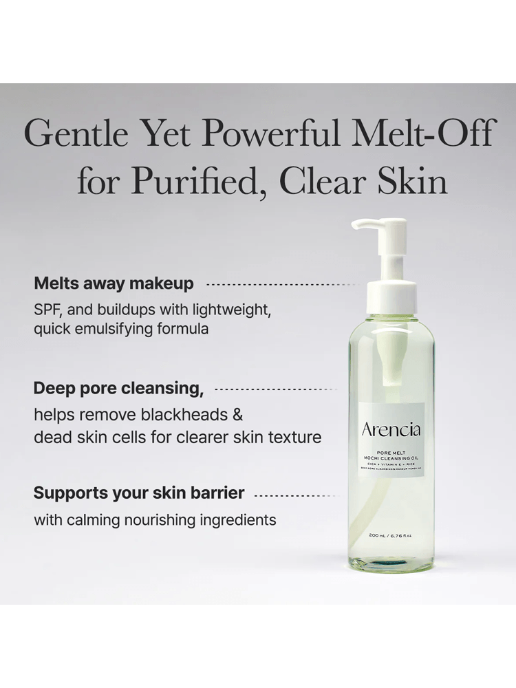 ARENCIA Pore Melt Mochi Cleansing Oil bottle with pump against a clean background, showcasing its gentle yet effective formulation.