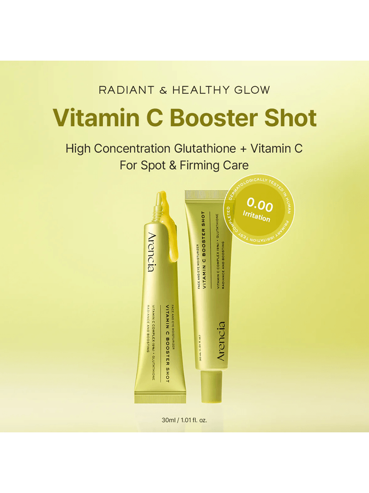 ARENCIA Vitamin Booster Shot 30ml packaging featuring a vibrant yellow design with vitamin C benefits for radiance.