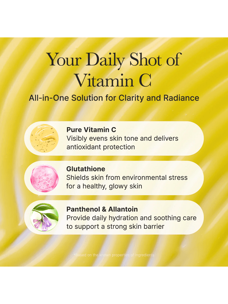 ARENCIA Vitamin Booster Shot highlights pure vitamin C, glutathione, and panthenol for skin clarity and radiance.