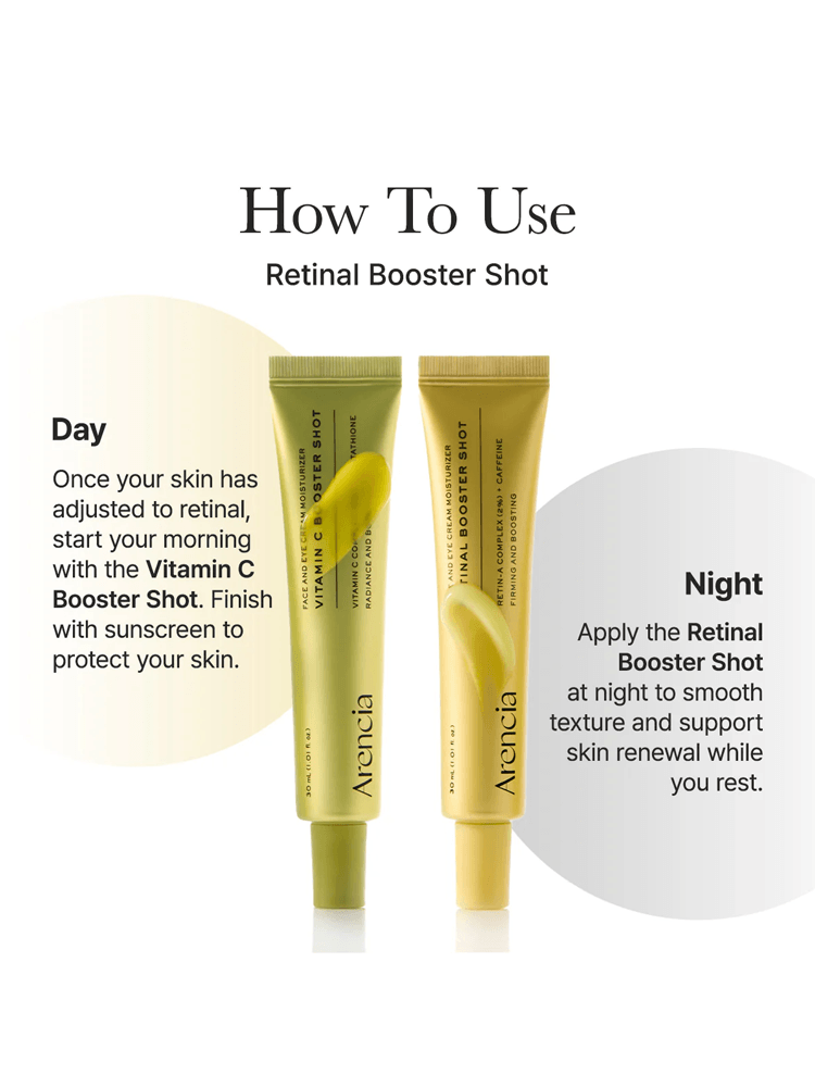 How to use ARENCIA Vitamin Booster Shot and Retinal Booster Shot, day and night application tips.