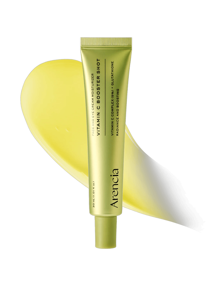 ARENCIA Vitamin Booster Shot 30ml tube with vibrant yellow packaging for radiant skin and even tone.