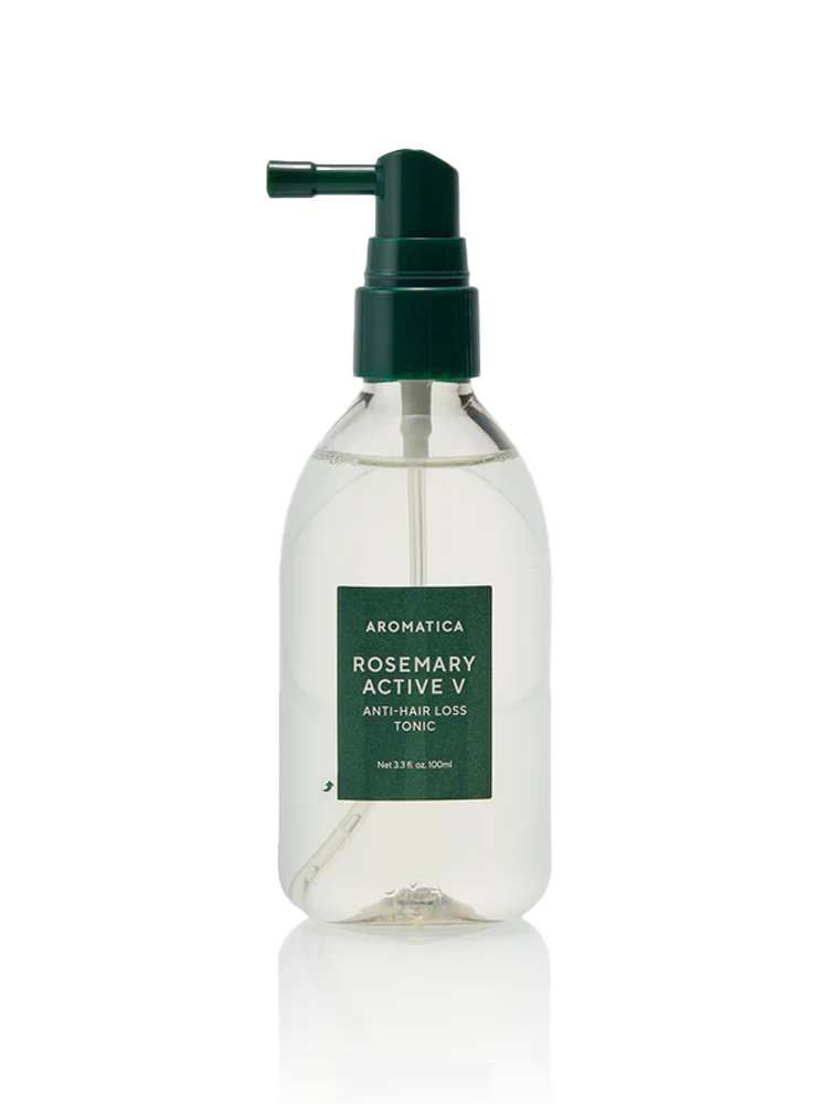 AROMATICA Rosemary Active V Anti-Hair Loss Tonic 100ml in a clear bottle with a green pump