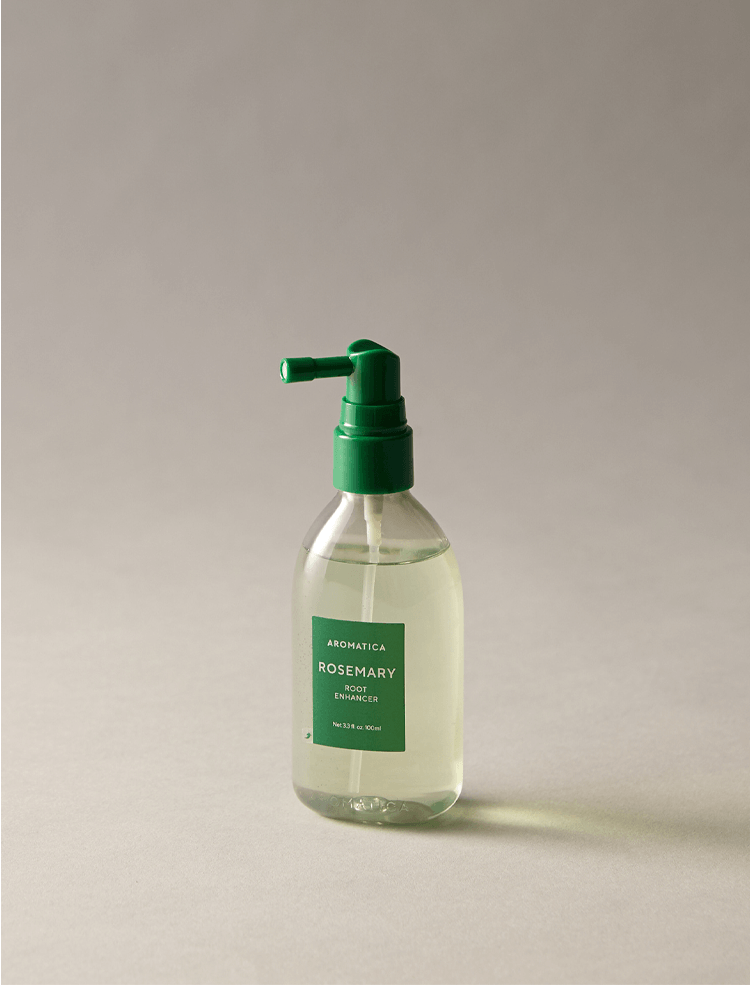 AROMATICA Rosemary Root Enhancer 100ml spray bottle featuring a green pump and label on a neutral background.