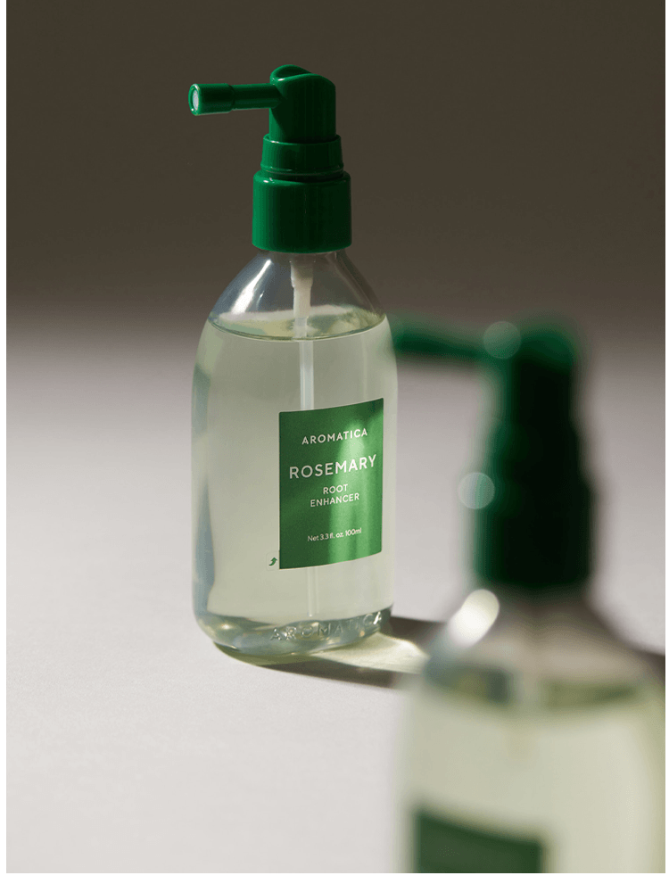AROMATICA Rosemary Root Enhancer 100ml spray bottle with green pump on a grey background.