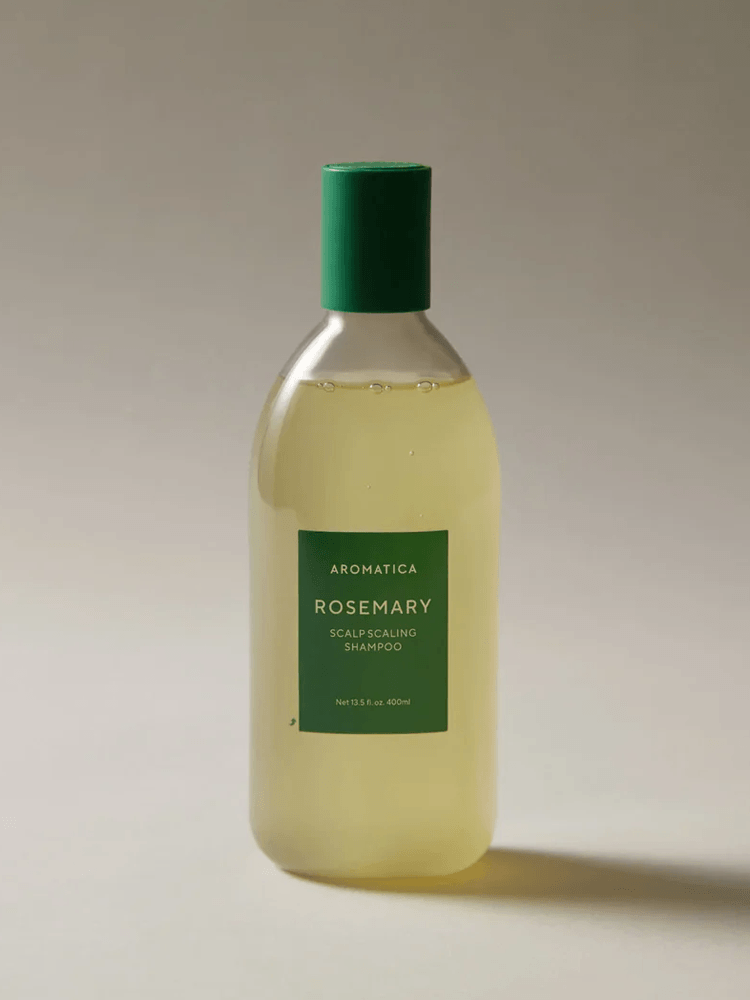 AROMATICA Rosemary Scalp Scaling Shampoo 400ml bottle with green cap and label on neutral background.