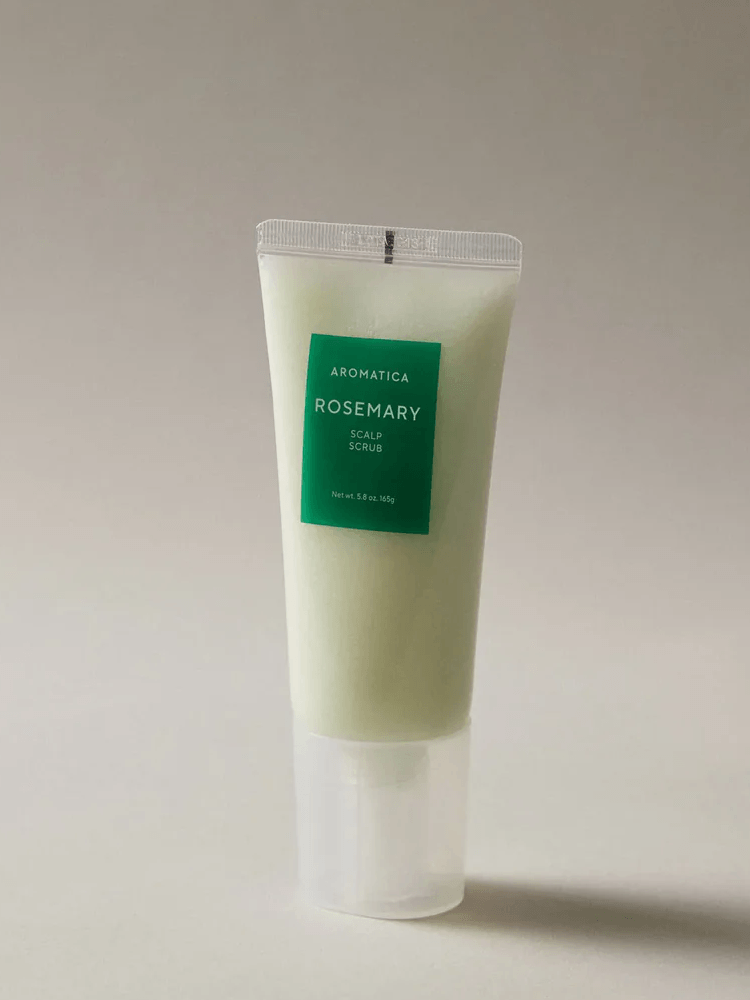 AROMATICA Rosemary Scalp Scrub 165ml in a tube packaging with green label, designed for scalp cleansing and exfoliation.