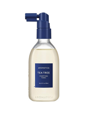 AROMATICA Tea Tree Purifying Tonic 100ml bottle with pump for oily scalp care, featuring a clear liquid and blue label.