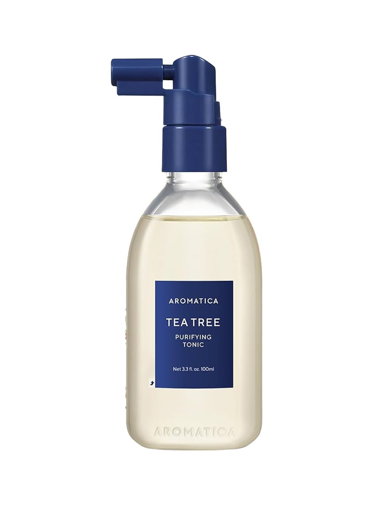 AROMATICA Tea Tree Purifying Tonic 100ml bottle with pump for oily scalp care, featuring a clear liquid and blue label.