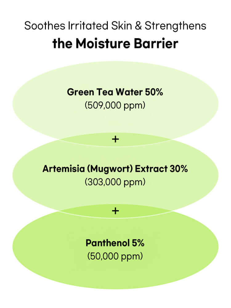 Beauty of Joseon Calming Serum ingredients showing Green Tea Water, Artemisia Extract, and Panthenol for hydration.