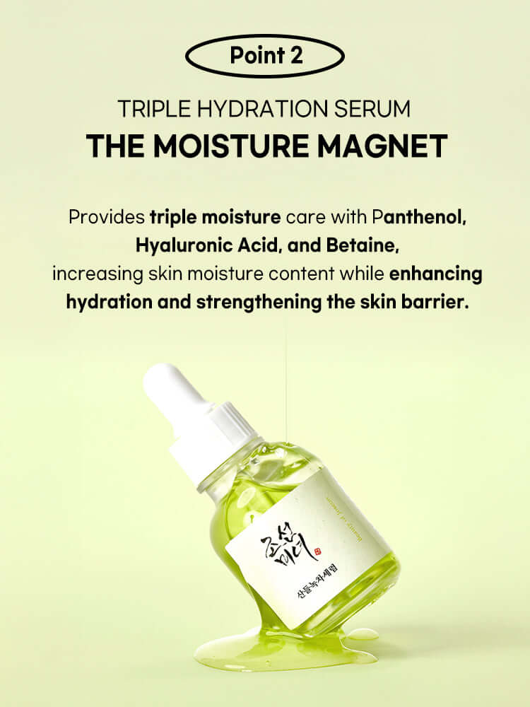 Beauty of Joseon Calming Serum: Green Tea + Panthenol 30ml moisture magnet serum for triple hydration with panthenol, hyaluronic acid.