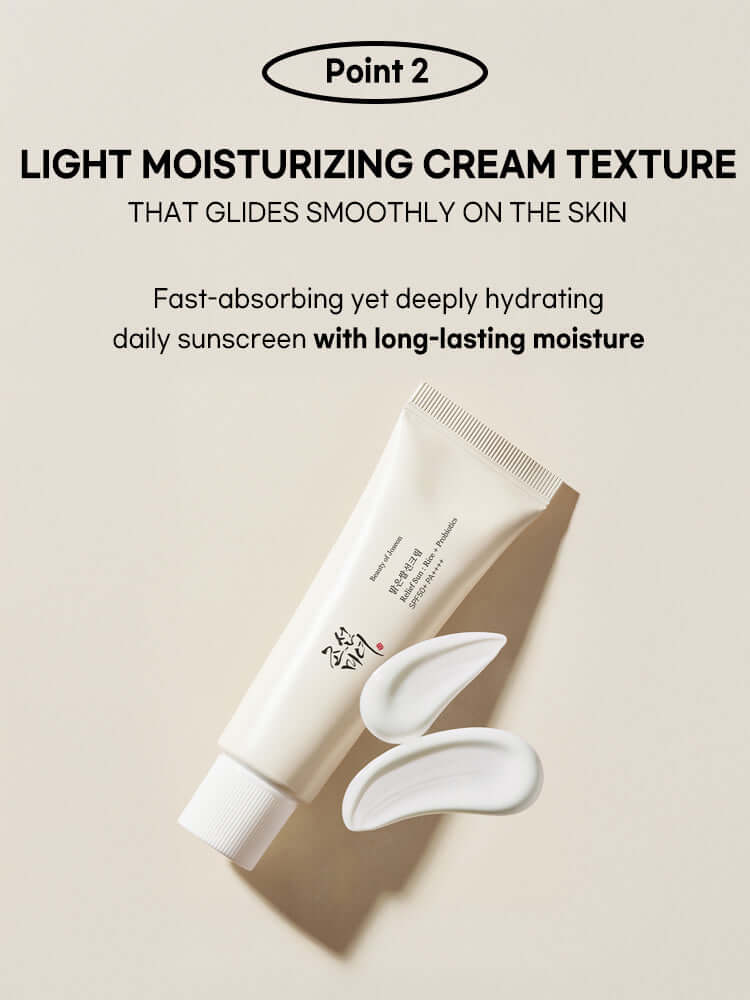 Beauty of Joseon Relief Sun: Rice + Probiotics 50ml with light moisturizing cream texture that glides on the skin.