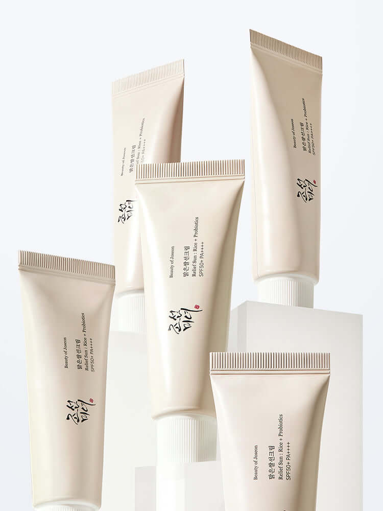 Beauty of Joseon Relief Sun : Rice + Probiotics 50ml SPF50+/PA++++ tubes on display for sensitive skin protection.