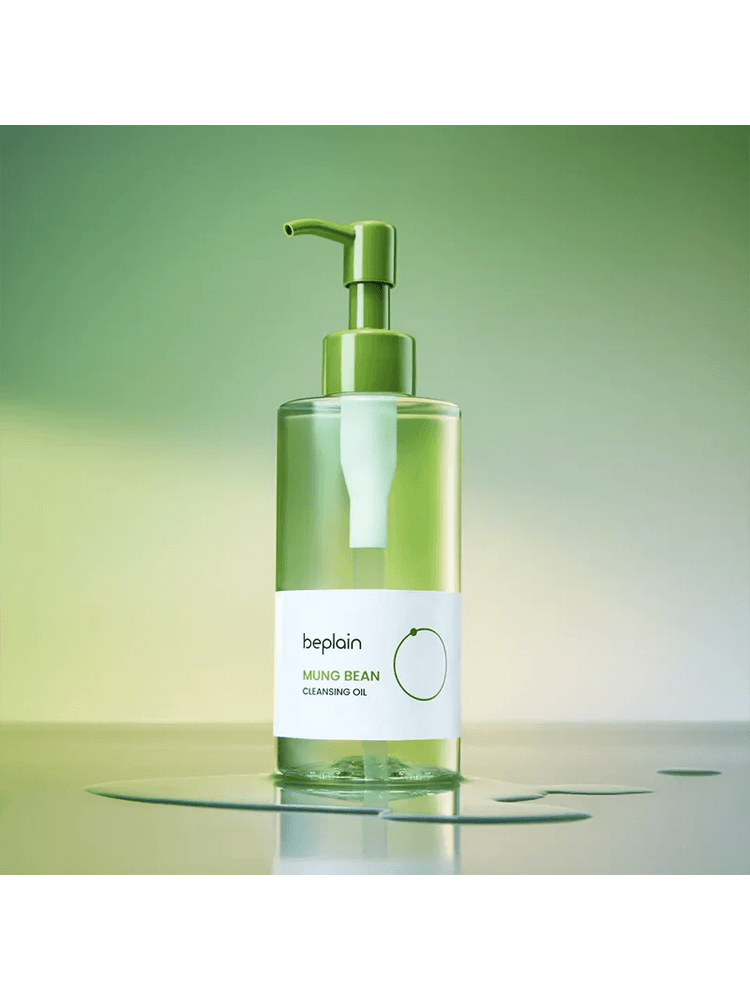 BEPLAIN Mung Bean Cleansing Oil 200ml in a stylish green bottle with a pump, placed on a reflective surface.