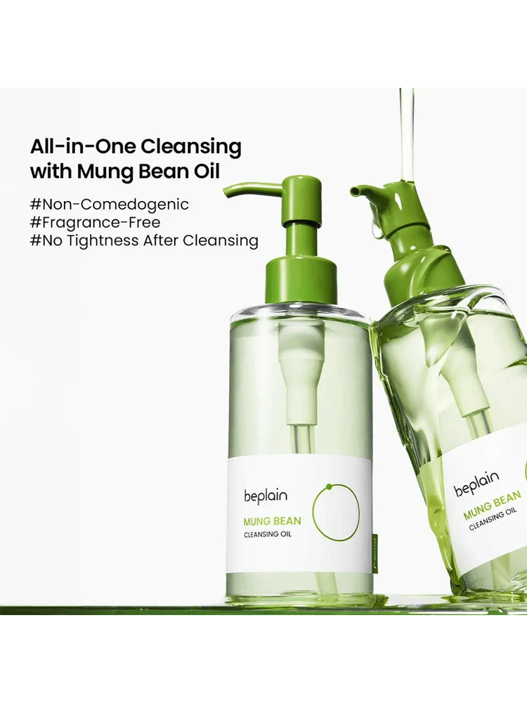 BEPLAIN Mung Bean Cleansing Oil 200ml packaging with pump for gentle cleansing, fragrance-free, non-comedogenic.