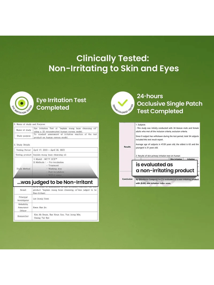 BEPLAIN Mung Bean Cleansing Oil  Clinically Tested: Non-Irritating to Skin and Eyes, showcasing results of eye irritation and patch tests.
