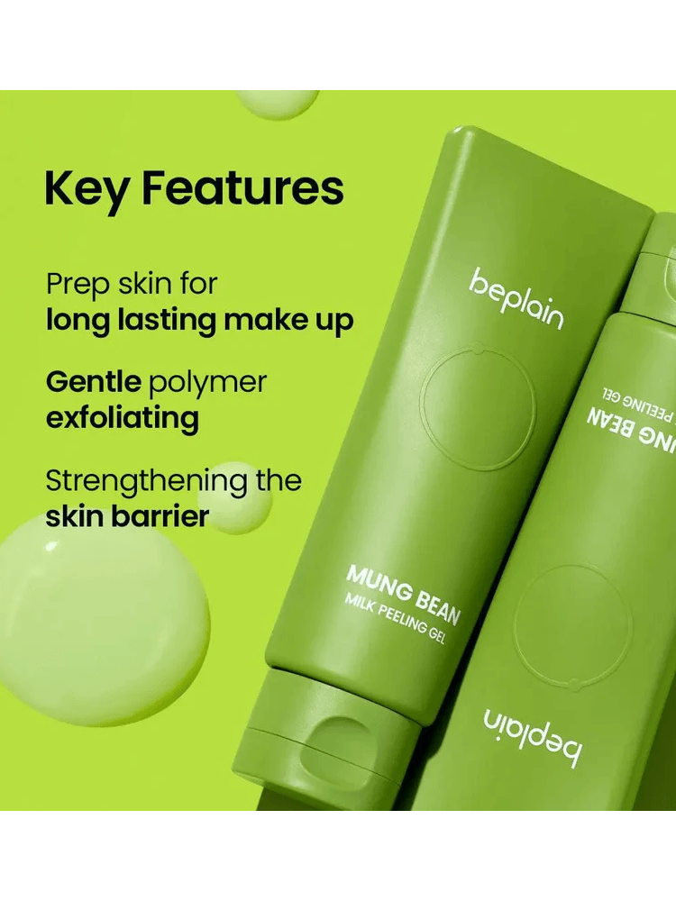 BEPLAIN Mung Bean Milk Peeling Gel highlighting key features on a vibrant green background.