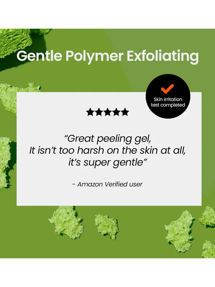 BEPLAIN Mung Bean Milk Peeling Gel Gentle Polymer Exfoliating product review with five stars and a customer testimonial about the peeling gel's gentleness.