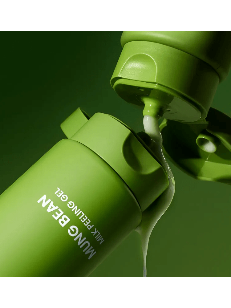 BEPLAIN Mung Bean Milk Peeling Gel bottle pouring gel on a green background.