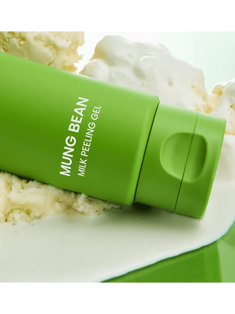 BEPLAIN Mung Bean Milk Peeling Gel in a green tube surrounded by creamy textures.