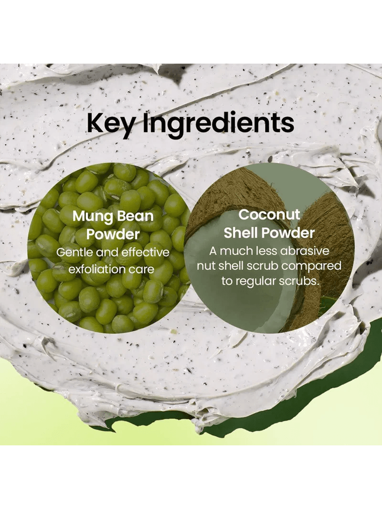 Key ingredients in BEPLAIN Mung Bean Pore Clay Mask: Mung Bean Powder and Coconut Shell Powder for gentle exfoliation.