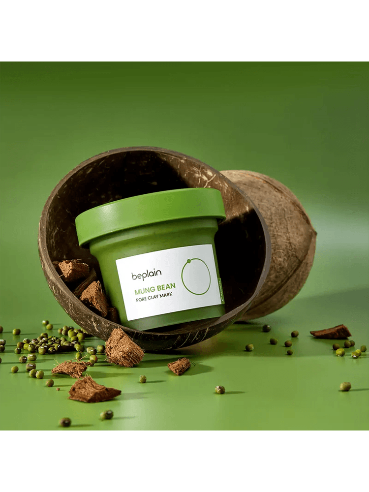BEPLAIN Mung Bean Pore Clay Mask in a coconut shell with mung beans and natural ingredients.